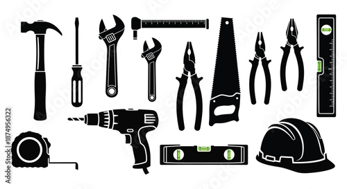 collection of various black construction tools and equipment in silhouette high quality professional detailed modern elegant