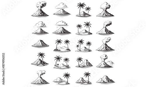Volcano Island Icons Set Tropical Eruption Palm Trees Lava Mountain Vector Illustration