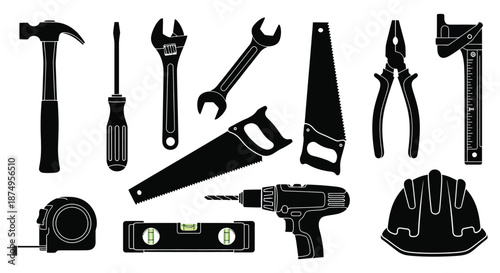 collection of various black tools and equipment silhouette high quality professional detailed modern elegant stylish clean