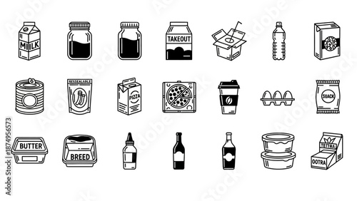 Collection of Food and Beverage Packaging Icons.