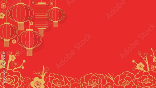 Chinese New Year Red Background with Hanging Lanterns and Floral Ornaments