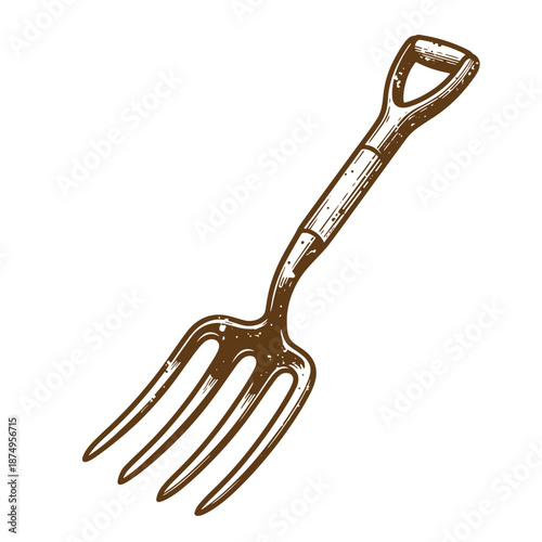Drawing Vintage Brown garden fork with wooden handle on white background  gardening tool for digging and weeding