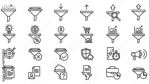 Collection of Funnel Icons Representing Business Processes.