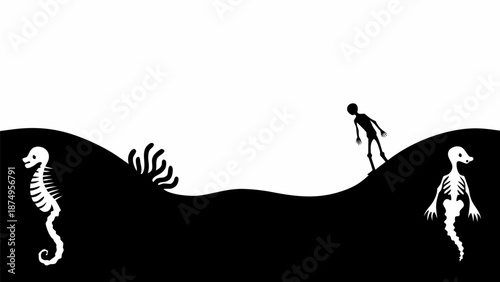 Skeleton sea creatures and zombie on black landscape