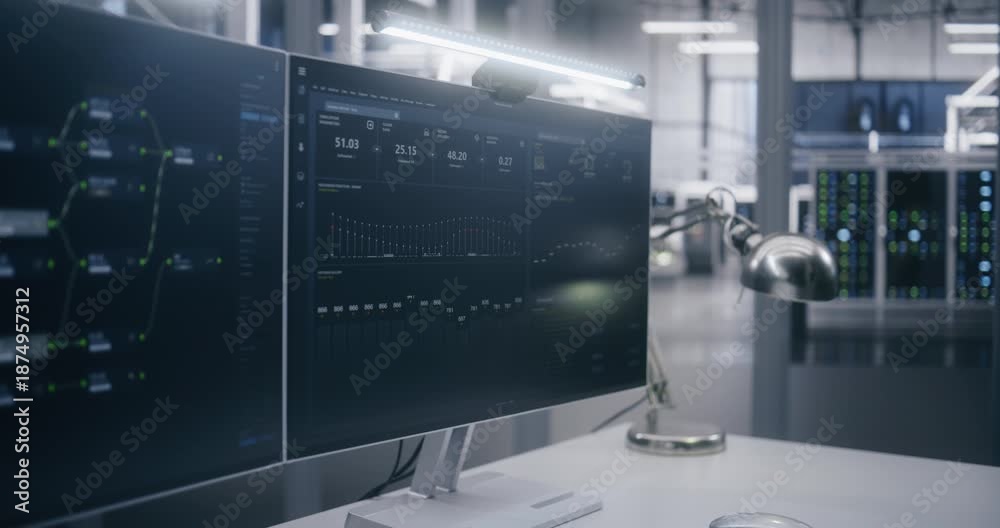 Dual Monitors Displaying Automation Process Flow and System Metrics ...
