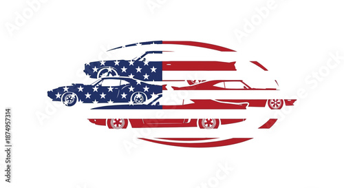 American muscle cars depicted with a patriotic flag design in a striking silhouette
