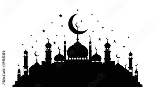 Vector Mosque Silhouette with Crescent Moon and Stars – Islamic Architecture and Celestial Symbols for Ramadan, Eid, and Spiritual Design Themes
