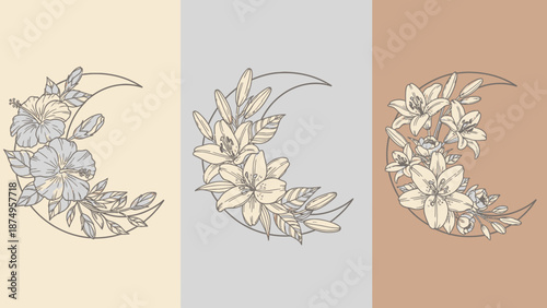 Vector Floral Crescent Moon Panels – Botanical and Celestial Line Art for Nature, Mysticism, and Feminine Design Themes