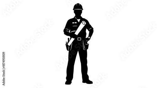 Vector Worker Silhouette with Hard Hat – Standing Pose with Tools and Uniform for Safety, Labor, and Industrial Design Themes