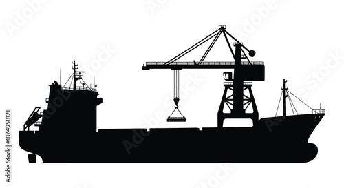 a large cargo ship with a crane on deck silhouette high quality professional detailed modern elegant