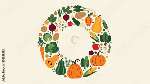 Vibrant vegetable wreath with pumpkins gourds and colorful produce on cream background symbolizing harvest and abundance