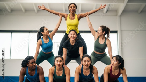 Diverse group of women performing acrobatic yoga poses in a gym showcasing teamwork and trust