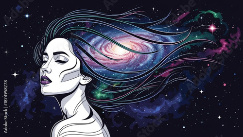 Woman with hair flowing like galaxy swirl in space cosmic surrealism art starry night background