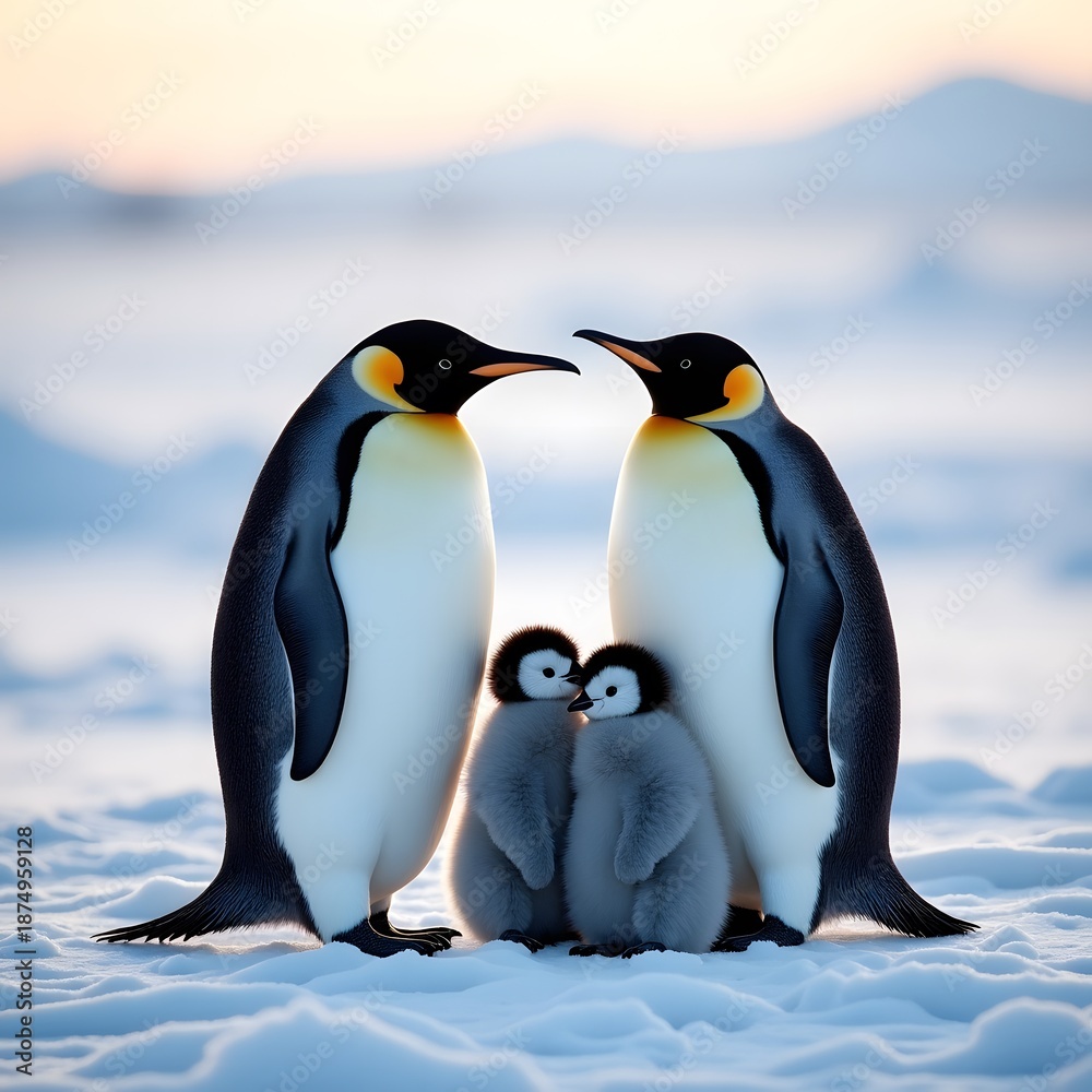 Fototapeta premium Two penguins standing together on a rocky, icy shore in a cold polar landscape