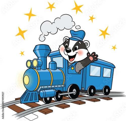 Smiling badger train engineer in a blue cap waving from a classic steam engine.