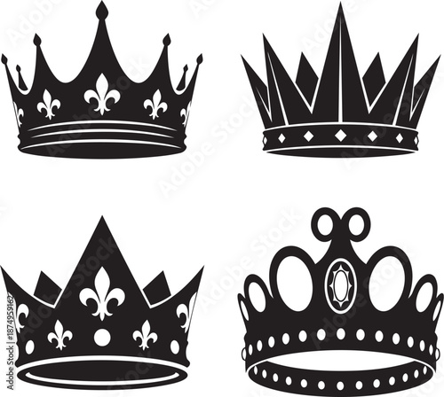Set of black royal crown silhouettes with fleur-de-lis and jewels on white