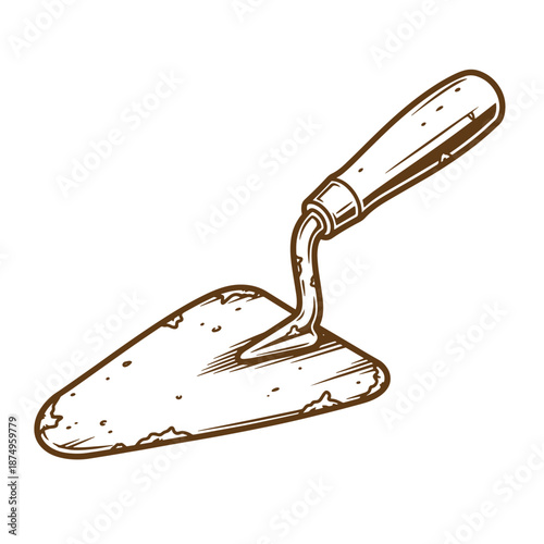 Drawing Vintage brown illustration of a trowel with a wooden handle on white background  construction tool