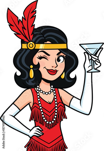 Photos Winking cartoon flapper girl in a red fringe dress holding a martini glass