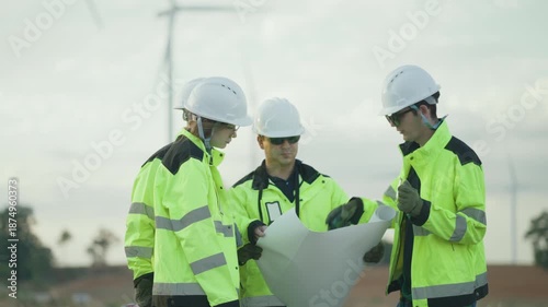 Group of diverse professional engineers and technicians in safety gear and hard hats gathered to discuss a technical blueprint or site plan during a wind turbine farm.