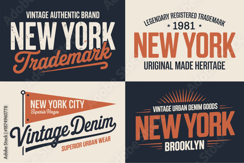 Four vintage New York brand with orange and white text on beige and dark blue backgrounds