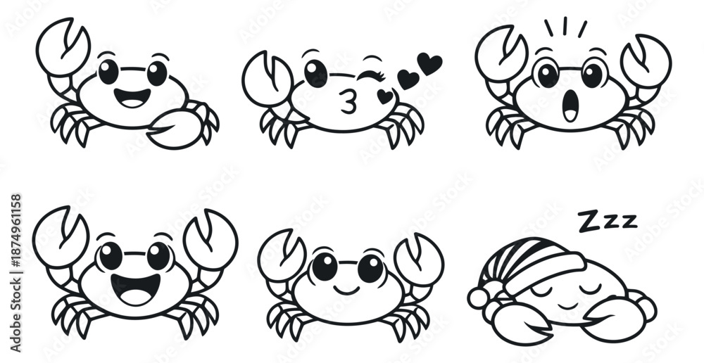 Obraz premium Cartoon hand drawn line art crab characters set featuring various expressive emotions including happy, surprised, winking, and sleeping for kid's projects and marine themes