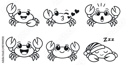 Cartoon hand drawn line art crab characters set featuring various expressive emotions including happy, surprised, winking, and sleeping for kid's projects and marine themes
