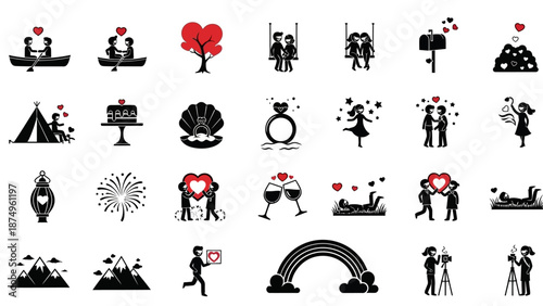 A collection of black silhouette icons depicting various romantic scenes, couples, and love-themed elements with red heart accents.