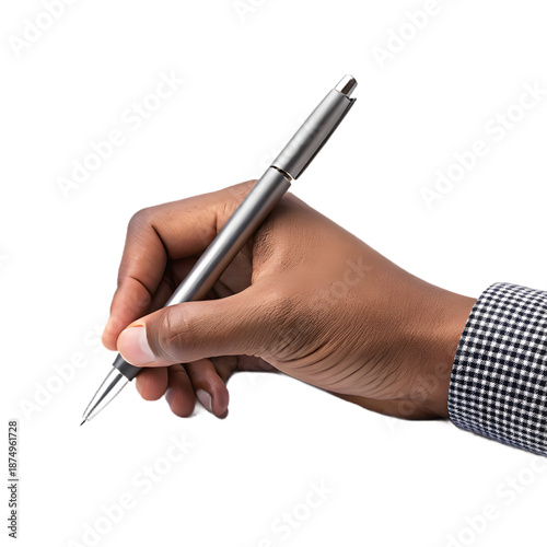 A close-up image of a hand holding a metallic pen, poised to write on a transparent background.