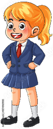 Smiling Schoolgirl in Blue Uniform Standing Confidently
