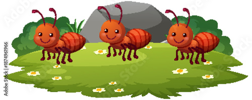 Three Cartoon Ants on Grassy Meadow with Flowers