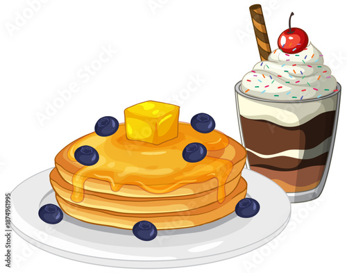 Stack of Pancakes with Blueberries and a Chocolate Parfait Dessert
