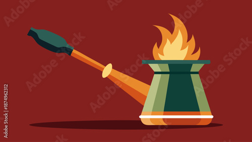 A green and black pot with a flame on top. The pot is on a red background. Concept of warmth and comfort, as the flame on the pot suggests that it is being used for cooking or heating