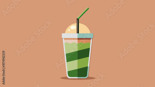 A green drink in a glass with a straw in it. The drink is a smoothie and has a green color. The glass is half full
