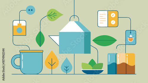 A drawing of a tea kettle and other items related to tea. Concept of warmth and relaxation, as it features a cup of tea, a teapot, and other items commonly associated with tea-drinking