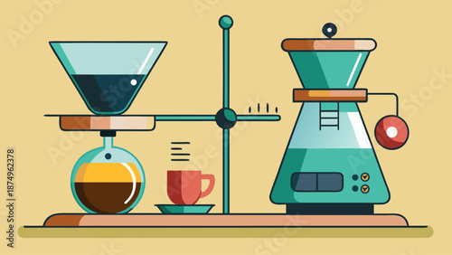 A coffee maker with a glass carafe and a cup on top of it. The coffee maker is on a table with a wooden surface