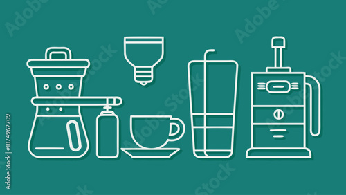 A green background with a line drawing of coffee making equipment. The equipment includes a coffee maker, a French press, a coffee grinder, a coffee pot, a coffee mug, and a bottle