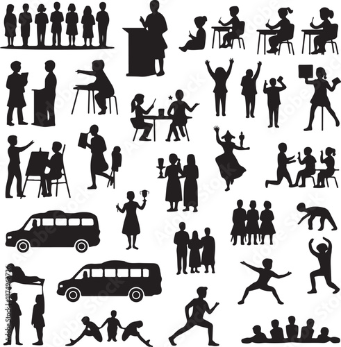 black silhouettes of people and vehicles on white background
