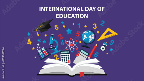 Vector illustration celebrating International Day of Education with school supplies and symbols of learning