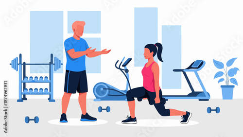 Personal trainer guiding a woman in fitness exercise, vector illustration of gym workout and healthy lifestyle
