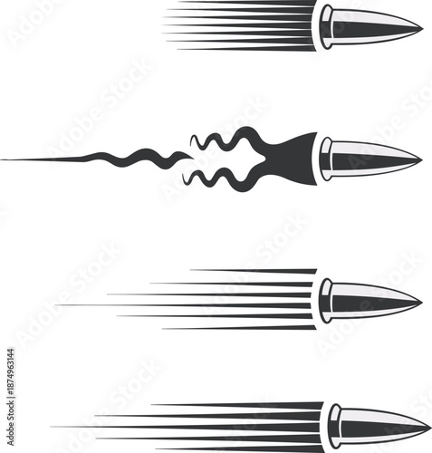 Dynamic bullet motion illustrations with speed trails and flame effects for military, gaming, animation, and conceptual design projects.