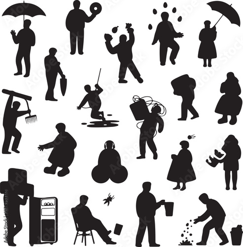 black silhouettes of people doing various activities on white background