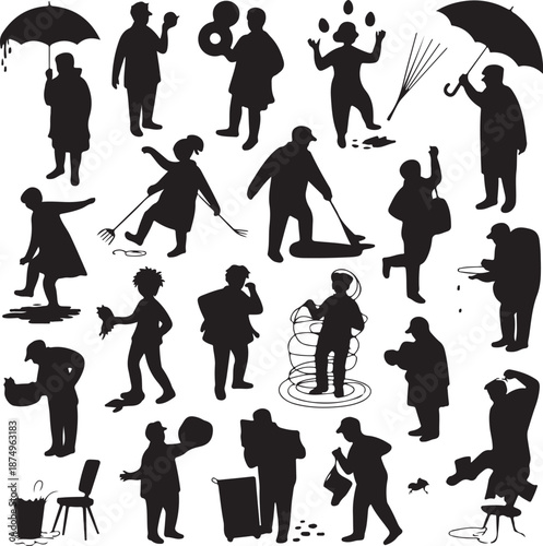 Black silhouettes of people doing various activities on white background