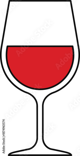 Simple red wine in a clear glass with black outline on white background Keywords: wine glass, red wine, drink, beverage, alcohol, liquid