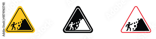 Falling Rocks Warning Sign icon set vector. escaping a rock slide danger symbol. vector illustration.
