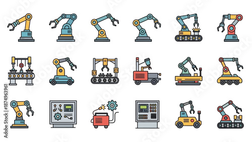 Collection of Industrial Robot Arms and Machinery Icons.