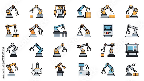 Collection of Industrial Robot Arm Icons.