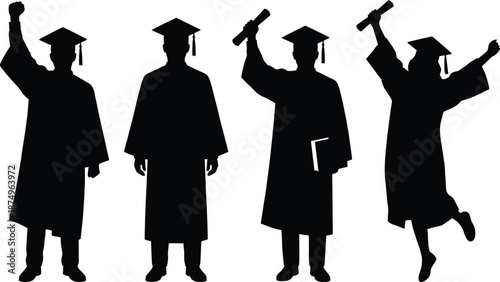 Silhouettes of graduates wearing caps and gowns celebrating academic achievement with diplomas for education design, ceremony themes, college and university graduation illustration projects.