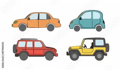 Cute doodle cartoon car vector set with four vehicle types