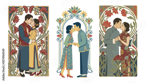 Eternal Embrace: Three pairs of lovers share intimate moments, their attire hinting at a cultural celebration of love and togetherness, framed by vibrant floral elements. 