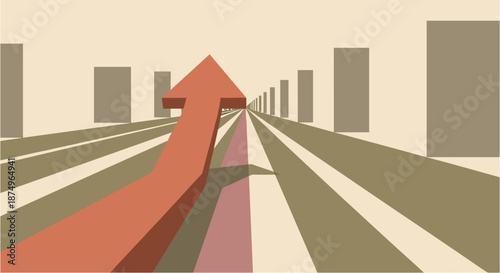 A vibrant red arrow dramatically points forward along a receding path, symbolizing progress, future direction, and ambitious growth within a stylized cityscape.